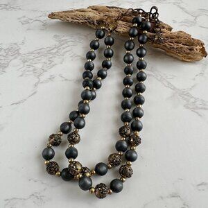 Vintage Boho Choker, Double Strand Black Beads, Brass Filigree, 1960s Tribal